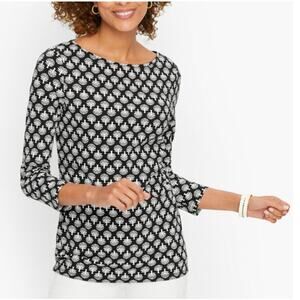 Talbots Black White Cotton Bateau Neck T-Shirt Womens MP 3/4 Sleeve Lightweight